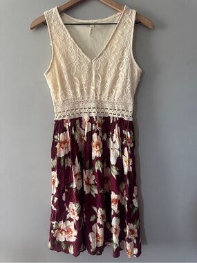 My Beloved | Cream Lace Top Floral Burgundy Skirt Summer Dress | M